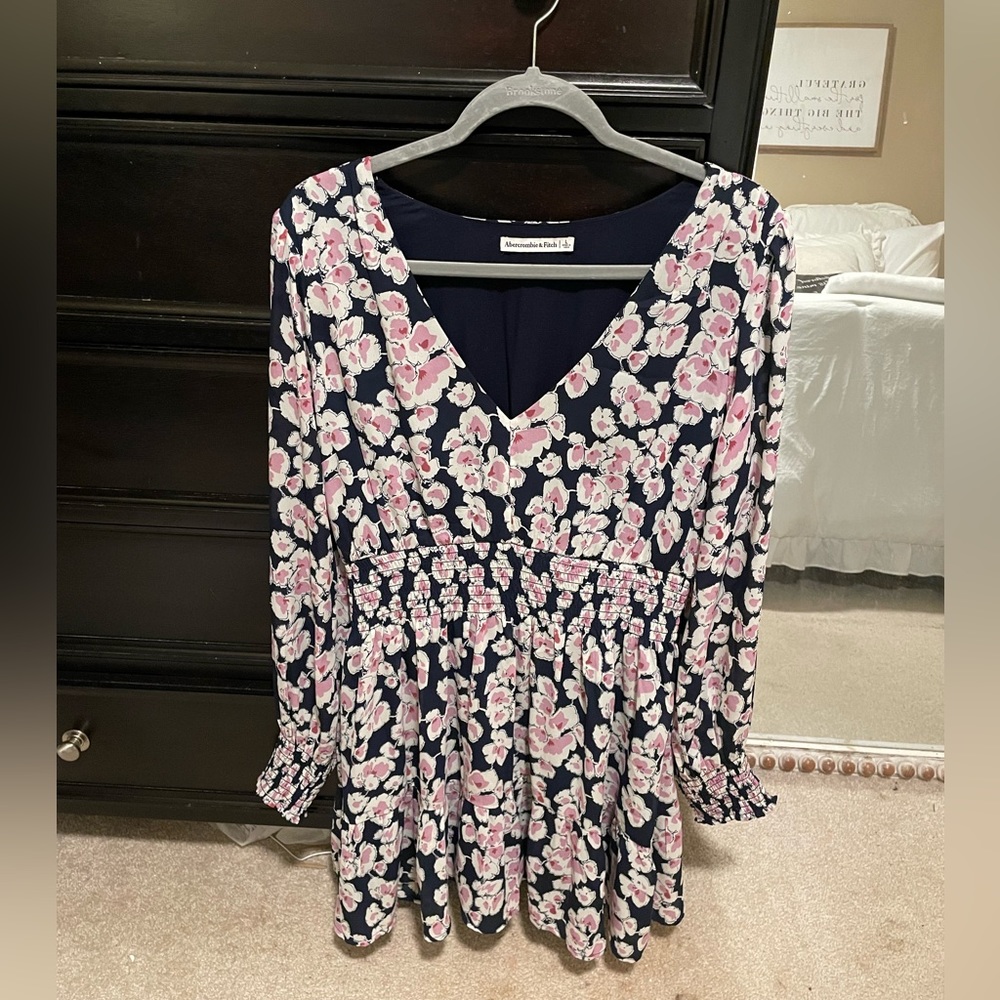 Abercrombie & Fitch Navy Floral Long-Sleeve Smocked Waist Dress